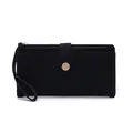 Close-up of black litchi pattern PU leather wallet with golden buckle and wristlet - Litchi Pattern Long Wallet / Black