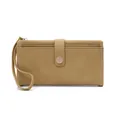 Close-up of khaki pebbled leather texture with metal buckle and wrist strap detail - Litchi Pattern Long Wallet / Yellow