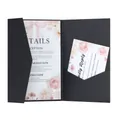 Detail of elegant black trifold wedding invitation pocket with floral printed card inserts - Black