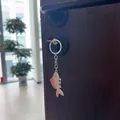 Fisch-Schlüsselanhänger aus Zinklegierung mit rosa-weißem Farbverlauf an Holztür - Silberner Fisch mit Kette