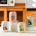 Cartoon ceramic mug set with animal patterns, lid and straw, 420ml capacity - Soda Can Animal Style (Cup Lid Straw)