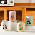 Cartoon ceramic mug set with animal patterns, lid and straw, 420ml capacity - Soda Can Animal Style (Cup Lid Straw)
