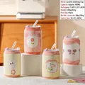 Pink ceramic rabbit mug with glass straw and transparent lid, 480ml capacity - Soda Can Floral Style (Cup Lid Straw)
