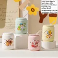 Pink ceramic rabbit mug with lid and glass straw, 420ml strawberry theme gift cup - Macaron Color Dessert (1383)