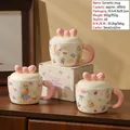 Cartoon ceramic mug with 3D pink bow lid and hand-drawn bunny dessert illustrations - Bowknot Rabbit (Cup Lid)