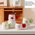 Cartoon pig ceramic mug with apple-shaped handle and lid, 380ml red and green style - 3D Apple Handle Style (Cup Lid Straw)