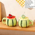 Creative 380ml ceramic watermelon mug with lid and straw in red and yellow flesh - Watermelon Shaped Style (Cup Lid Straw)