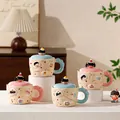 Ceramic mug set with 3D cartoon lids and cloud-shaped handles for birthday gifts - Happy Birthday Wave Handle (Cup Lid)