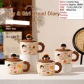 Cute cartoon pig ceramic mug with lid and hand-painted bread theme in beige finish - Baking Bread 3D Doll Style (Cup Lid)