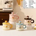 Ceramic pig mugs with straw and dessert themed lids in yellow, pink, blue, and brown - 3D Dessert Lid Style (Cup Lid Straw)