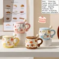 Creative pink rabbit ceramic mug with lid and 3D texture, 420ml animal gift set - Relief Animal Style (Cup Lid Spoon)