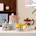 Cartoon ceramic mug set with 3D animal lids in pink, brown, blue, and yellow - 3D Animal Full Color Style (Cup Lid)