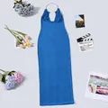 Sleek Klein blue halter neck dress with silver ring detail and slim fit design - S / Blue