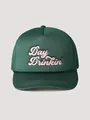 Dark green trucker hat with pink Day Drinkin' embroidery and mesh back panels - One Size / Dark Green with Pink Logo