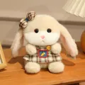 Schlappohr-Hase Plüschtier in Beige mit Karokleid und Karottenstickerei auf Holztisch - Kaninchen / Braun