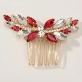 Elegante pettine da sposa dorato con strass rossi e trasparenti con design a farfalla - Pettine per capelli con strass rosso (HS-J6998GRED)