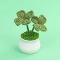 Handmade crochet four-leaf clover mini potted plant in white ceramic pot - Double Branch Clover-Dark Green