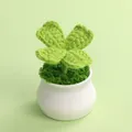Handmade crochet four-leaf clover in a white ceramic pot for desk decoration - Single Branch Clover-Sprout Green