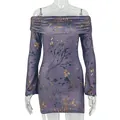 Close-up of the off-the-shoulder neckline and bronze floral print on the slim purple dress - S / Dark Brown