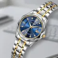 Men's two-tone quartz watch with blue sunray dial, calendar, and rhinestone markers - Female Style / GD288 Blue Dial