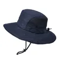 Navy blue wide brim outdoor bucket hat with breathable mesh and adjustable wind cord - Navy Blue