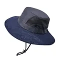 Navy blue and grey wide brim sun hat with mesh panels and adjustable wind cord - Two-Tone (Grey and Navy Blue)