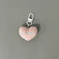Pink and white gingham heart keychain with pink embroidery and white spring hook - Pink Gingham Heart Charm