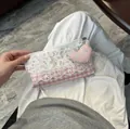 Floral pencil case with pink plaid pattern, lace trim and heart-shaped plush charm - Gingham Floral Lace Pencil Case