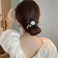Elegant black organza flower hair scrunchie with large center pearl and rhinestones - Black Pearl Flower Decor