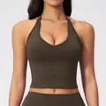 Slim fit V-neck halter yoga vest for women in dark coffee with brushed fabric finish - Black Coffee