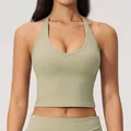 Light green halter V-neck sports bra and matching yoga leggings set for fitness - Moss Green