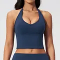 Navy blue halter neck yoga sports bra with deep V-neckline for women fitness - Navy Blue