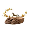 Detail of brass horse sculpture on natural wood base with golden floral branches - Thousand-Li Horse (Small)