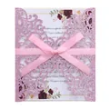 Pink laser cut glitter invitation card with floral insert and satin ribbon bow - Pink