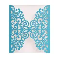 Close-up of laser-cut light blue glitter invitation card with floral hollow pattern - Lake Blue