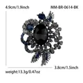 Vintage oval black glass brooch with blue and grey rhinestone floral details - Gun Black-Black