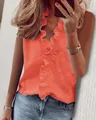 Bright coral sleeveless shirt with ruffle V-neck and linen texture finish - S / Tops / Orange