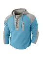 Detail of waffle knit fabric and decorative zipper pocket on blue and gray hoodie - Light Blue