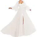 Eleganteres weißes Netzkleid mit Puffärmeln, Herz-Ausschnitt und hohem Seitenschlitz - S / Weiß