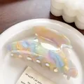Large colorful acetate hair claw clip with rainbow marble texture in high gloss finish - Light Multi-color