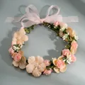 Handmade floral headband crown with peach roses and pink organza ribbons for weddings - Pink