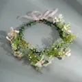 Handmade white floral crown with pink organza ribbon for weddings and beach photoshoots - White