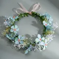 Handmade light blue floral crown headpiece with white blossoms and pink silk ribbon - Light Blue