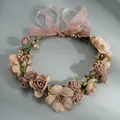 Floral crown headband with vintage pink and cream roses and organza ribbon tie - Brown