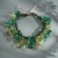 Deep teal floral wreath headband with pink satin ribbon and delicate white flowers - Green