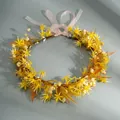 Floral crown with yellow star flowers, orange leaves and light pink ribbon tie - Yellow
