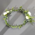 Bohemian floral crown headband with white cream roses and green leaves for bridal hair - White Green Wreath
