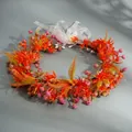 Floral headband wreath with orange flowers, pink berries and white organza ribbon ties - Red