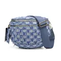 Blue denim crossbody shell bag with checkered fringe texture and gold zippers - Light Denim Blue