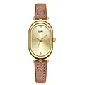 Elegant vintage oval watch with golden case and brown leather strap for women - Caramel Gold Brown